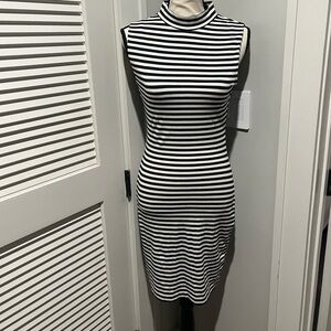 French Connection Black & White Striped Sleeveless Midi Dress